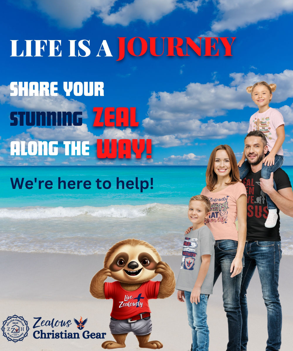 Zeke the Zealous Sloth and a Christian Family on a beach, life is a journey. 