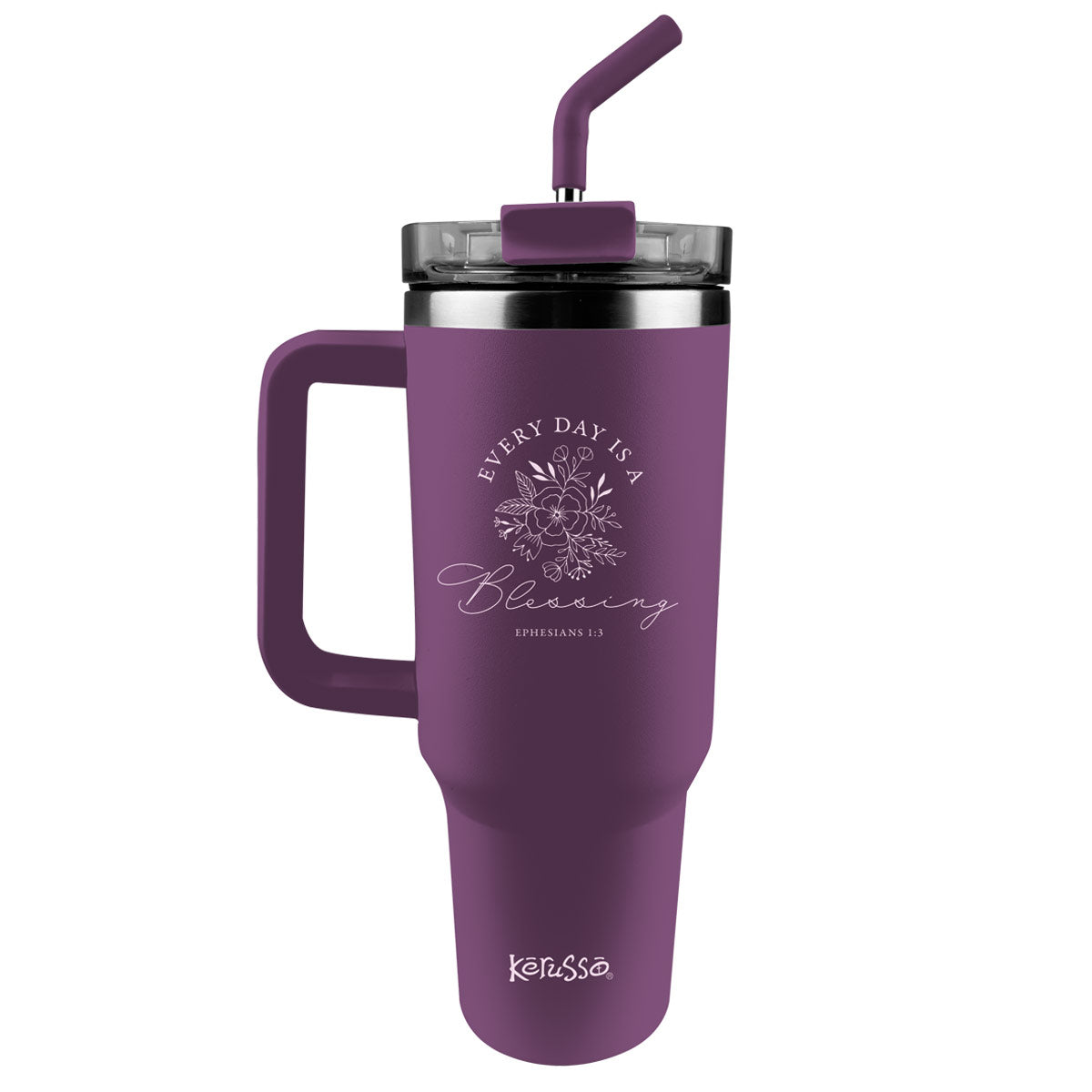 Kerusso 40 oz Stainless Steel Mug With Straw Blessing