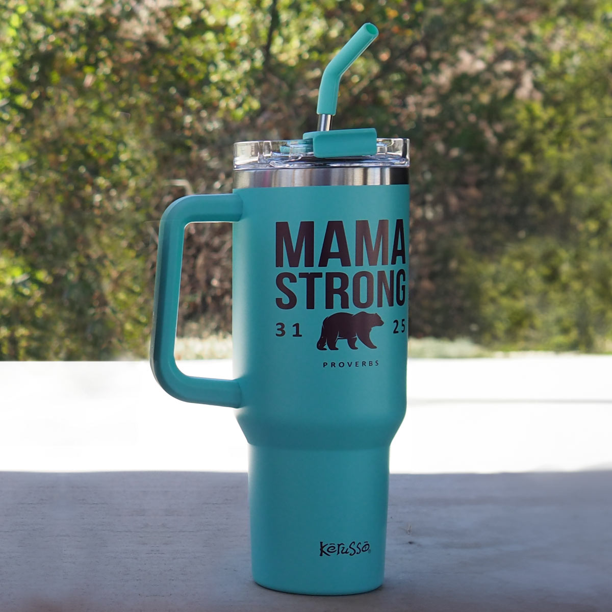 Kerusso 40 oz Stainless Steel Mug With Straw Mama Strong Bear