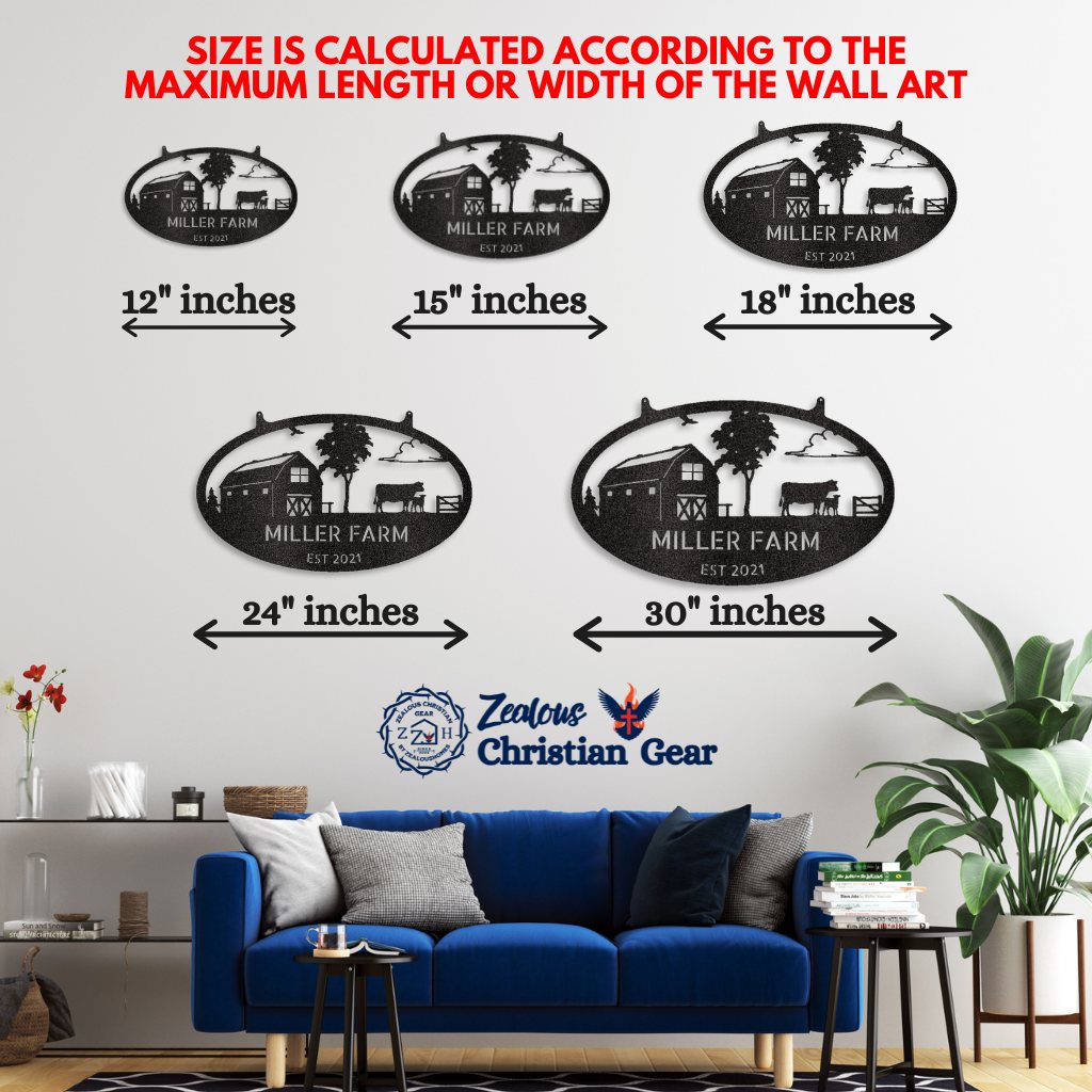 Metal wall art in five sizes displayed above a blue couch for home decor comparison