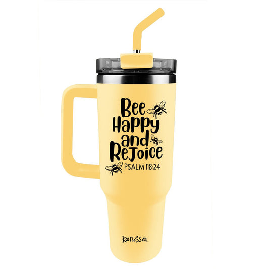 Bee Happy and Rejoice | Kerusso 40oz SS Mug with Straw - Zealous Christian Gear - 1