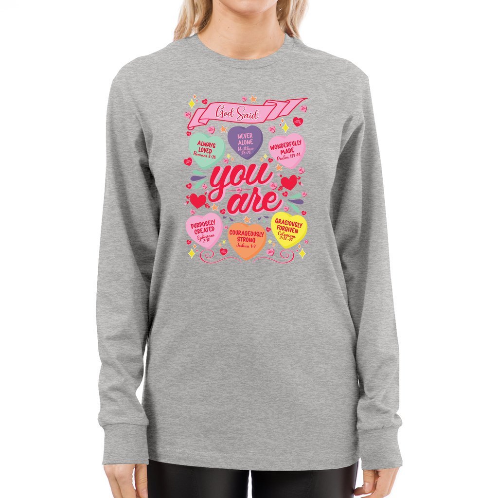 God Said You Are Candy Hearts | Valentine's Long Sleeve Tee - Zealous Christian Gear - 4