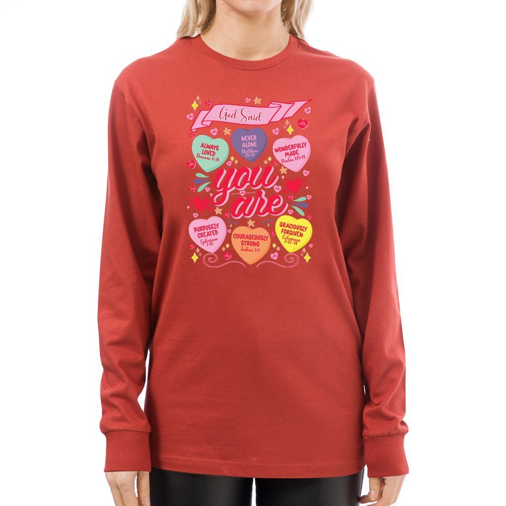 God Said You Are Candy Hearts | Valentine's Long Sleeve Tee - Zealous Christian Gear - 1