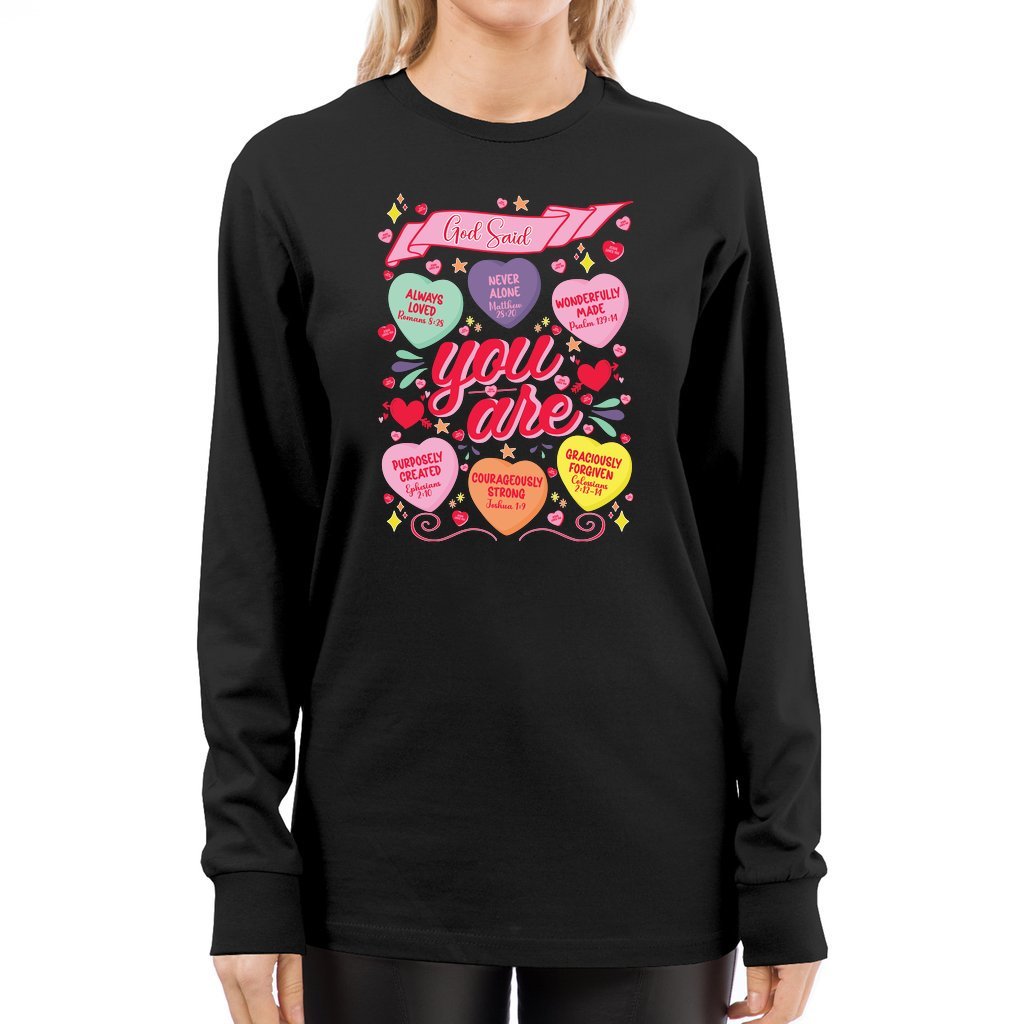 God Said You Are Candy Hearts | Valentine's Long Sleeve Tee - Zealous Christian Gear - 2