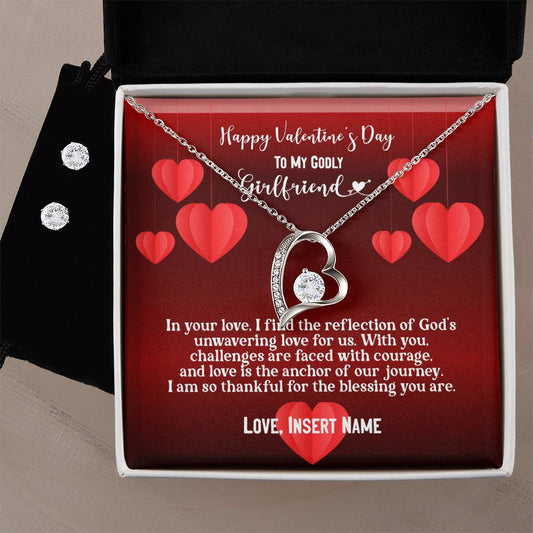 Happy Valentine's Day To My Godly Girlfriend | Personalizable Forever Love Necklace & Earring Set - Zealous Christian Gear - 1