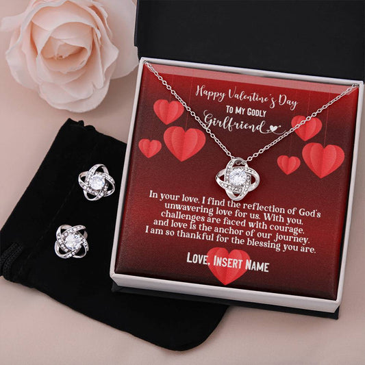 Happy Valentine's Day To My Godly Girlfriend | Personalizable Love Knot Earring & Necklace Set - Zealous Christian Gear - 1