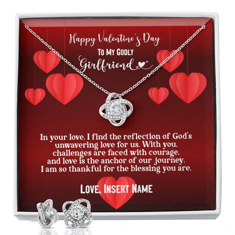 Happy Valentine's Day To My Godly Girlfriend | Personalizable Love Knot Earring & Necklace Set - Zealous Christian Gear - 2