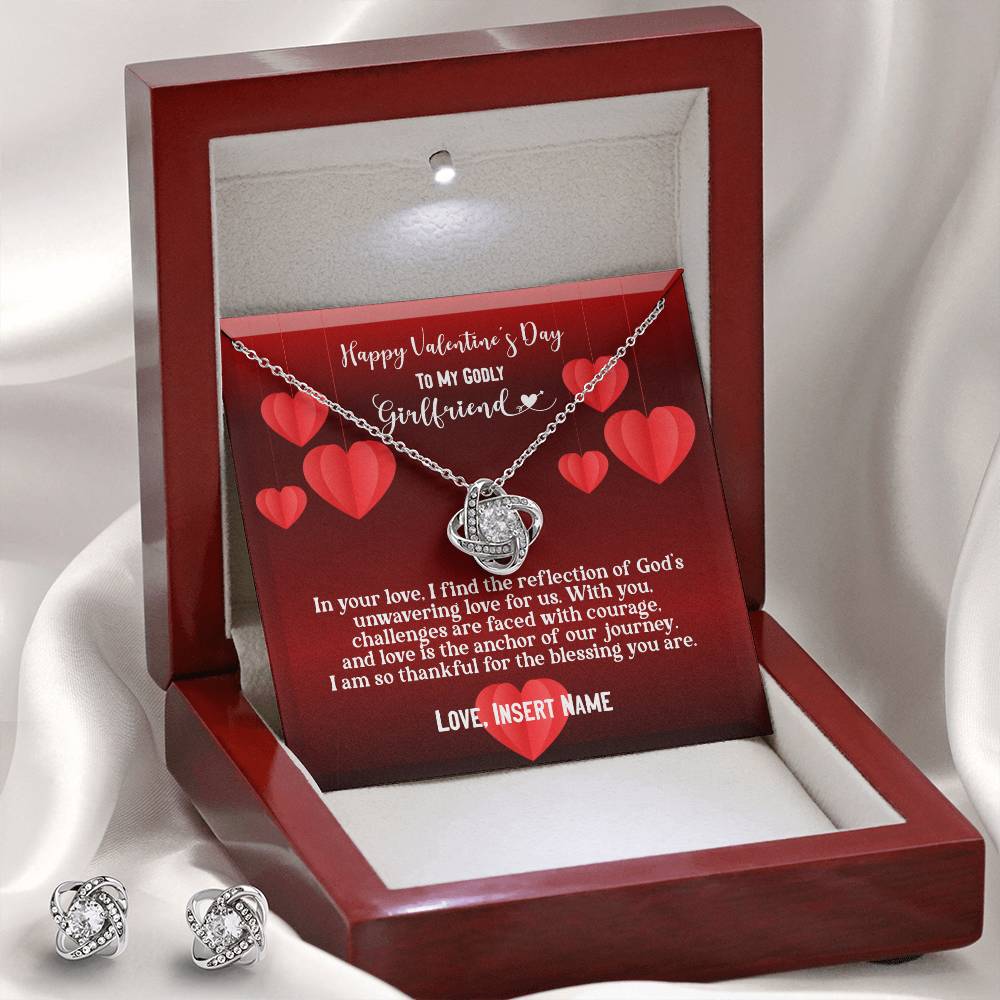 Happy Valentine's Day To My Godly Girlfriend | Personalizable Love Knot Earring & Necklace Set - Zealous Christian Gear - 3