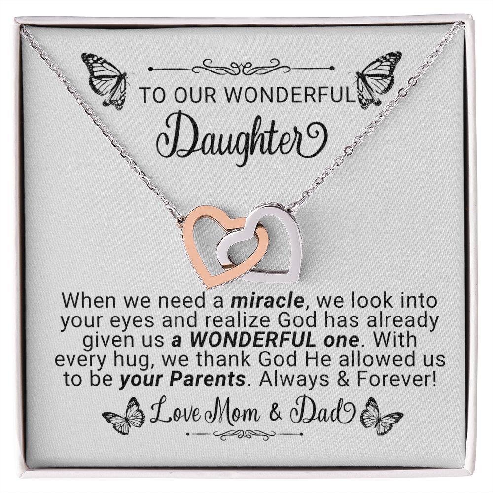 A Wonderful Miracle | To Our Wonderful Daughter | Love Mom & Dad Interlocking Hearts Necklace - Zealous Christian Gear - 2