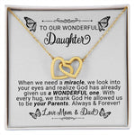 A Wonderful Miracle | To Our Wonderful Daughter | Love Mom & Dad Interlocking Hearts Necklace - Zealous Christian Gear - 4