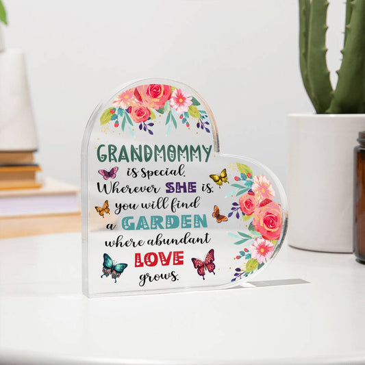 Grandmommy - Garden Where Abundant Love Grows | Heart-Shaped Acrylic Plaque | Gifts for Grandmother - Zealous Christian Gear - 1
