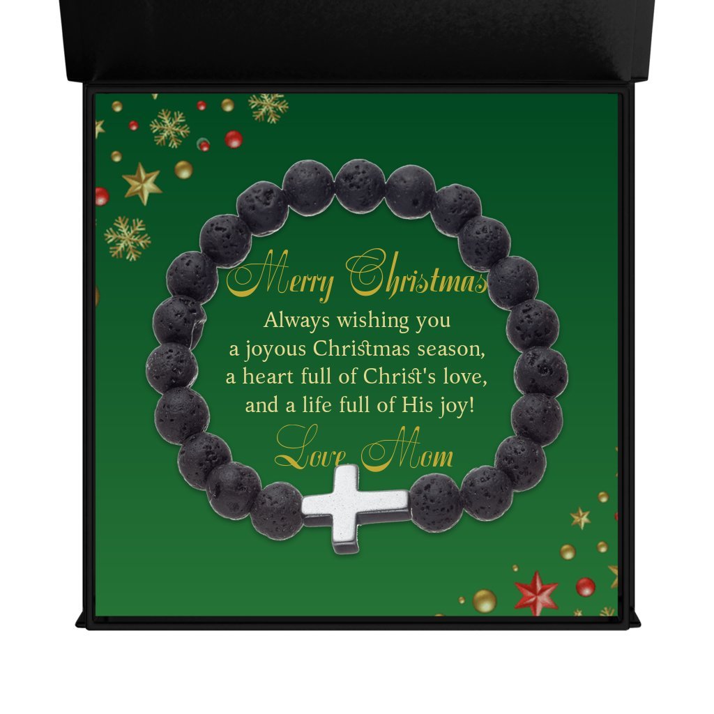 Merry Christmas From Mom | Cross & Volcanic Bead Bracelet - Zealous Christian Gear - 2