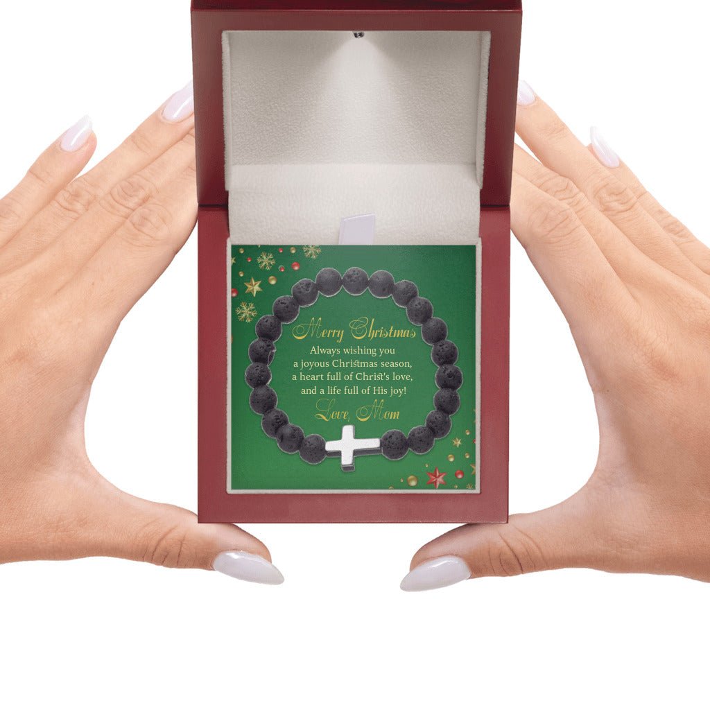 Merry Christmas From Mom | Cross & Volcanic Bead Bracelet - Zealous Christian Gear - 6