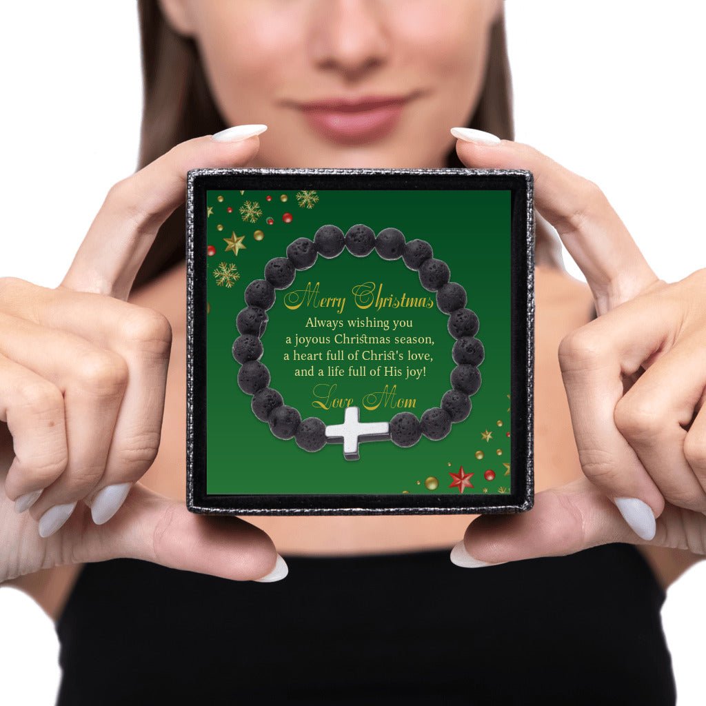 Merry Christmas From Mom | Cross & Volcanic Bead Bracelet - Zealous Christian Gear - 1