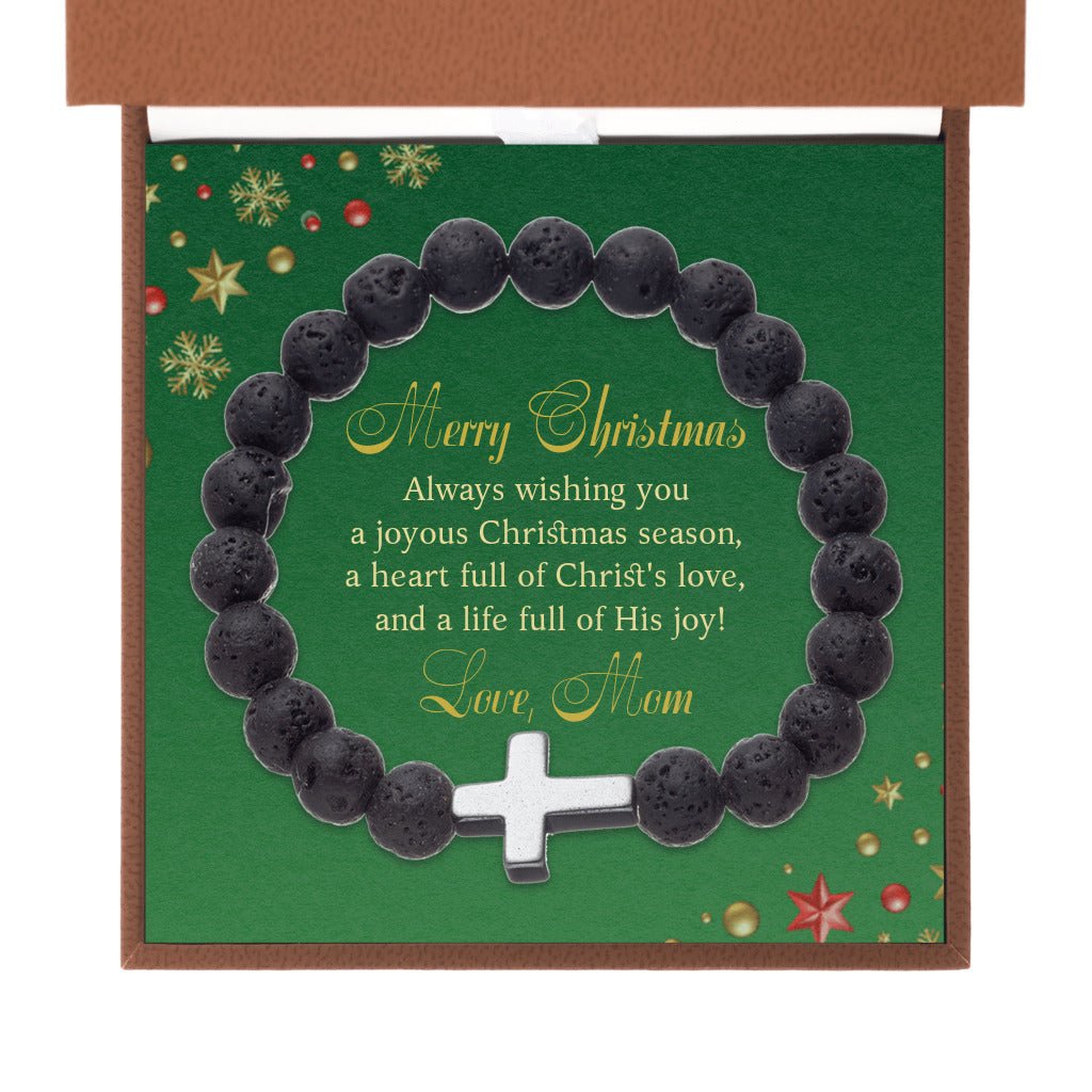 Merry Christmas From Mom | Cross & Volcanic Bead Bracelet - Zealous Christian Gear - 9