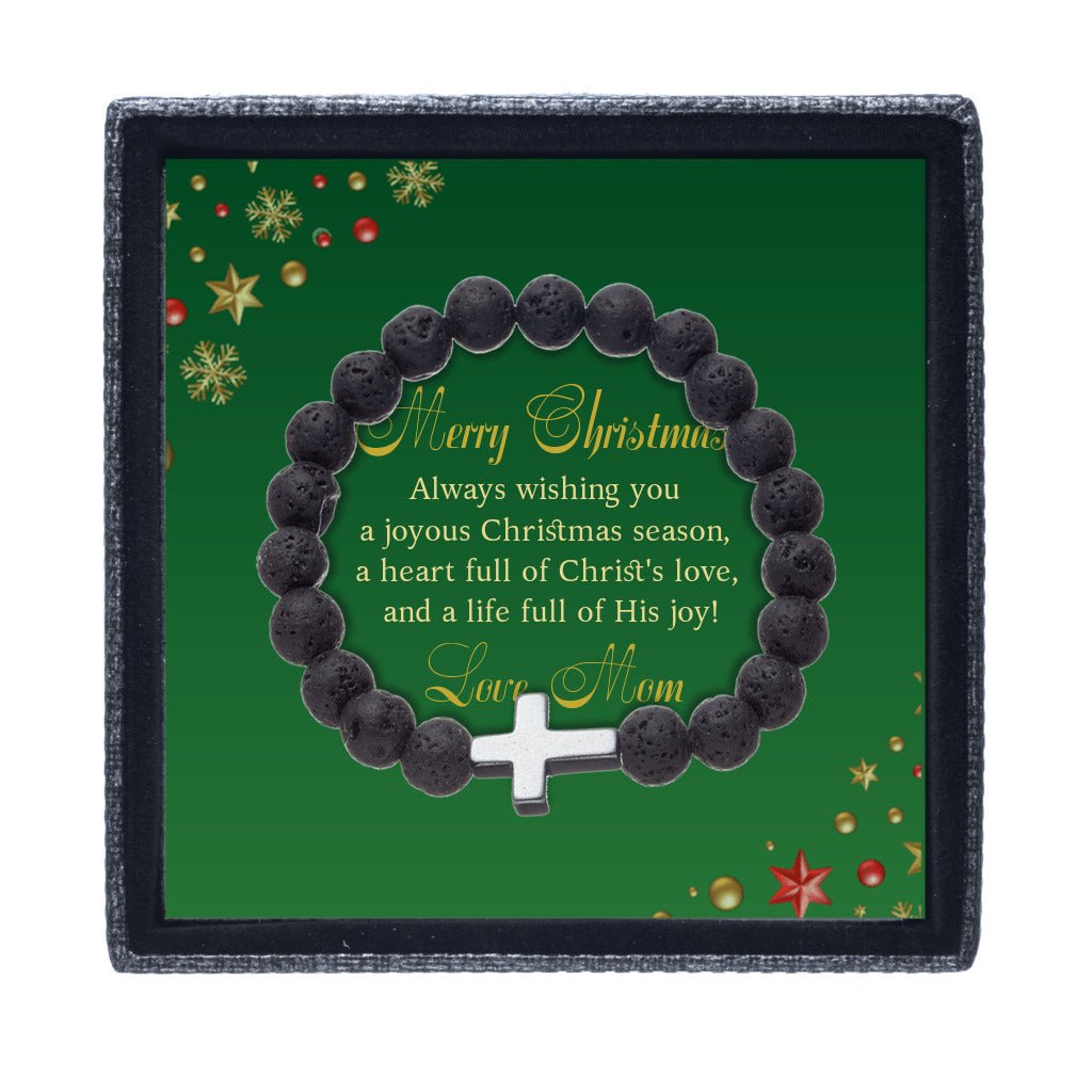 Merry Christmas From Mom | Cross & Volcanic Bead Bracelet - Zealous Christian Gear