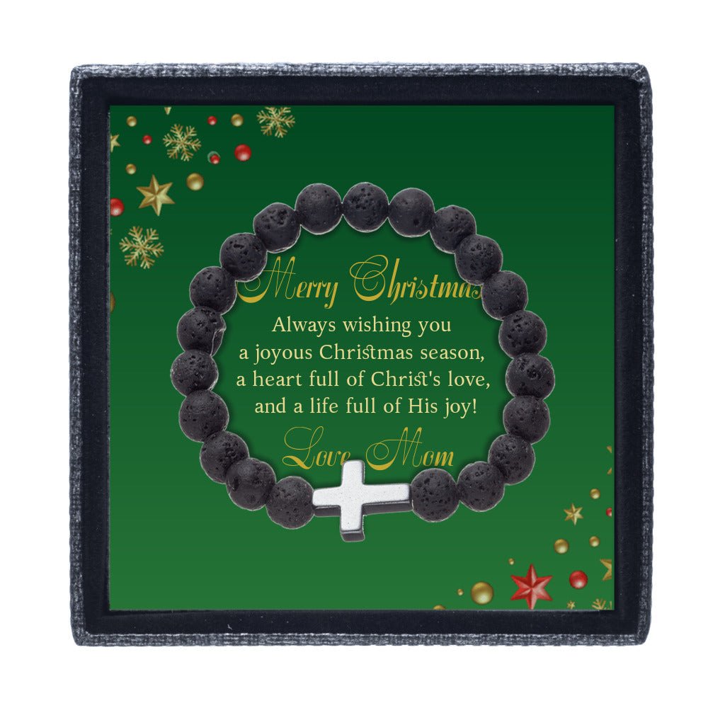 Merry Christmas From Mom | Cross & Volcanic Bead Bracelet - Zealous Christian Gear - 11