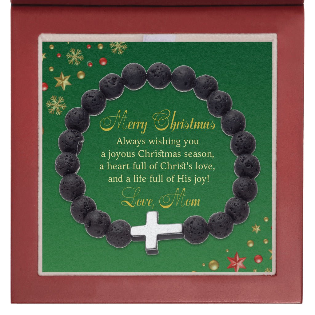 Merry Christmas From Mom | Cross & Volcanic Bead Bracelet - Zealous Christian Gear - 7