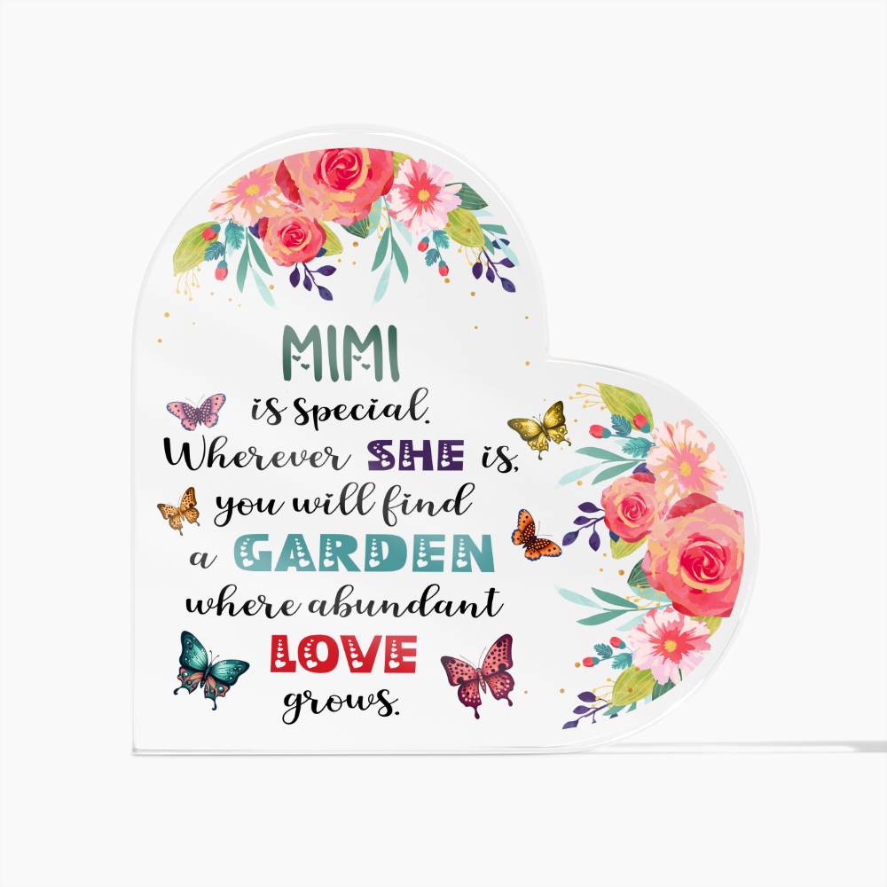 Love Grows in Mimi's Garden | Heart-Shaped Acrylic Plaque - Zealous Christian Gear - 1