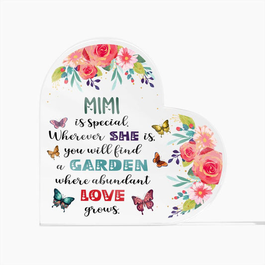Love Grows in Mimi's Garden | Heart-Shaped Acrylic Plaque - Zealous Christian Gear - 1